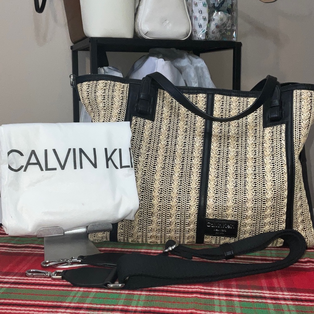 Calvin Klein Black Trim Woven Straw Tote